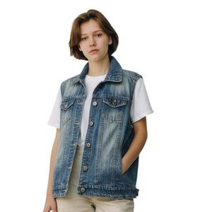 Liquid Denim button front vest, med blue fade, Sz XS, front pockets, gd cond